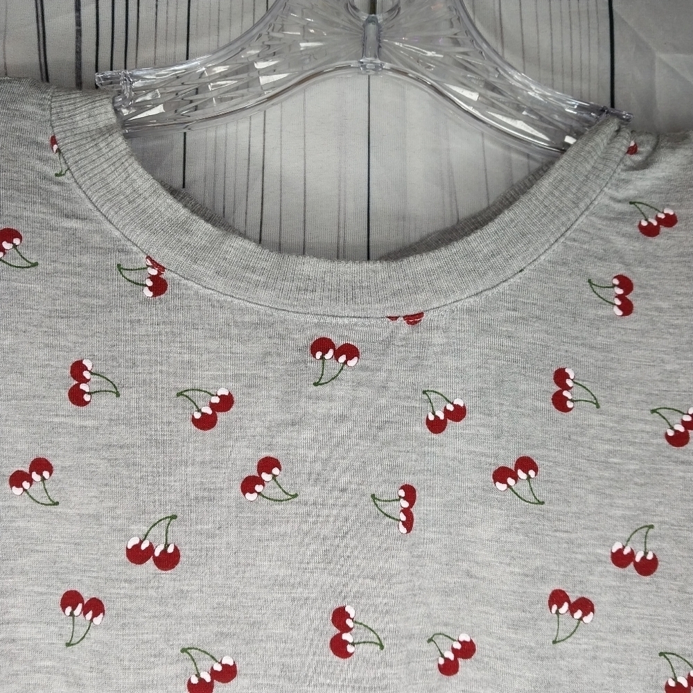 Belle Du Jour Gray Cherry Print Tie Front Casual Crew Neck Y2K Style Shirt - Picture 6 of 10